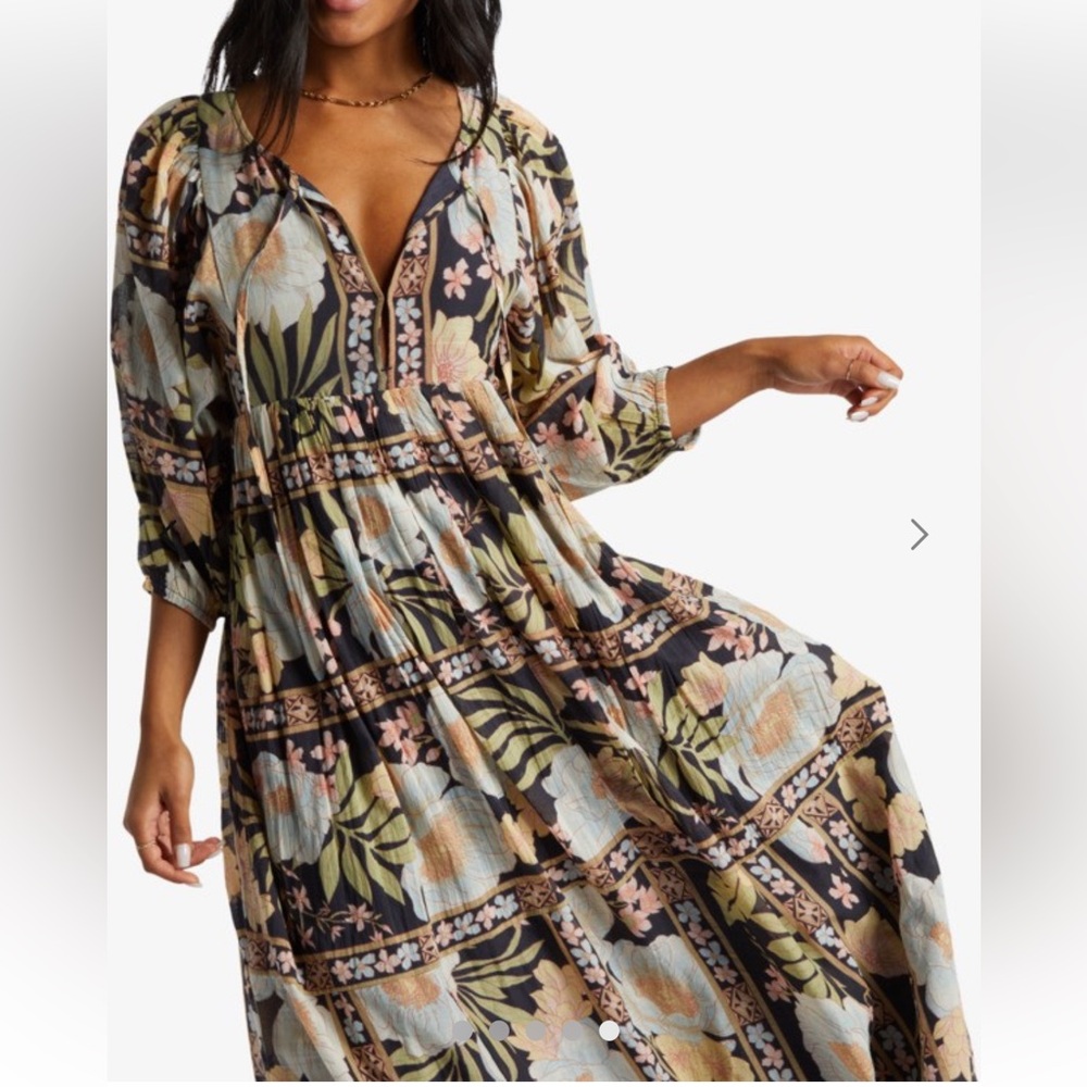 Billabong Floral Midi Dress Puff Sleeves Tie Back Pockets Lined SZ S EUC